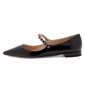 Black patent leather pointed flat sole shoes Mary Jane
