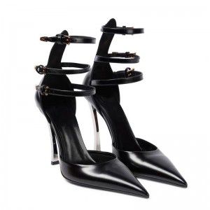 Metal slim high heels, pointed patent leather, hollow shallow mouth sandals, belt buckle, and headband single shoes 