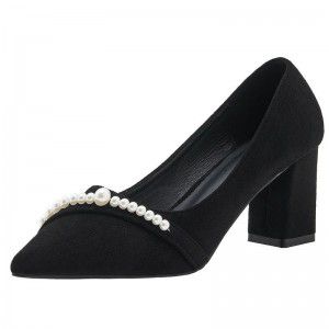 High heels for women, thick heels, pointed pearls, women's single shoes, small size, versatile, light mouth, suede black