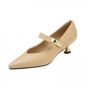 French retro shallow sole women's middle heel full leather slim heel metal buckle pointed Mary Jane shoes