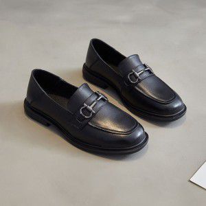 Top layer cowhide flat sole single shoes for women's music, square toe shoes, two pairs of small leather shoes