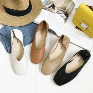 Flat bottomed single shoe women's soft leather simple shallow mouth square toe casual retro one foot shoe