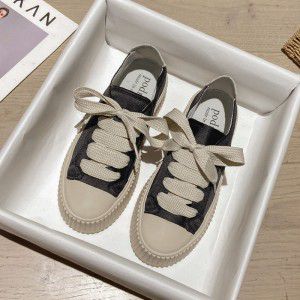 Silk shoes, white shoes, women's thick soled casual height increasing biscuit shoes, lace up canvas single shoes
