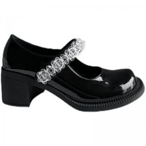 White big toe shoes, women's small leather shoes, round toe thick matching shoes, retro rhinestone Mary Jane shoes
