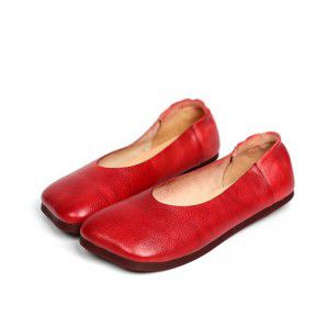 Cowhide square toe soft sole flat heel retro casual women's single shoes, one foot leather women's shoes