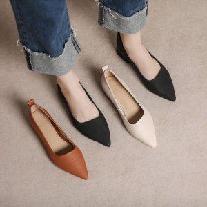 Cowhide pointed soft sole single shoe with lychee pattern thick heel, one foot pedal, leather low heel, versatile, slimming and shallow mouth shoes