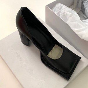 High Heel Single Shoes Women's Shallow Mouth Square Head British Walk Show Fashion Sealing Sail Thick Heel Fashion Versatile Small Leather Shoes 
