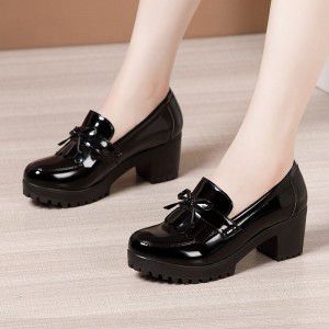 Spring and Autumn Lace up Small Leather Shoes Coarse Custom Shoes New Mid Heel Versatile Casual Large Size