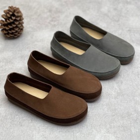 Artistic retro cowhide women's single shoes with flat bottom, round toe, soft leather, soft sole, casual and versatile
