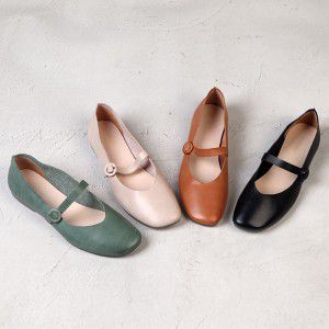 Genuine leather flat sole single shoe women's soft leather Mary Jane shoes Sen series retro square toe shallow cut cowhide literary women's shoes 
