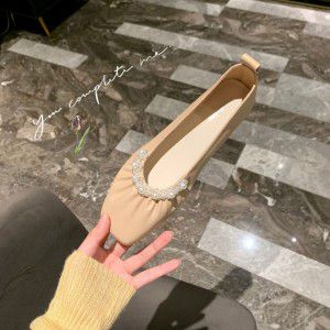 French gentle pearl shallow mouth square toe soft flat bottom temperament single shoe for women