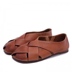 Women's shoe toe layer cowhide comfortable soft sole round toe hollow out
