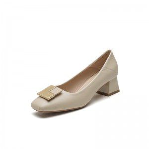 Square toe genuine leather thick heel loafers for women, fashionable metal buckle casual single shoes for women