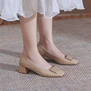 Square toe thick heel genuine leather single shoes for women OL professional work shoes high heels sheepskin shallow mouth women's shoes