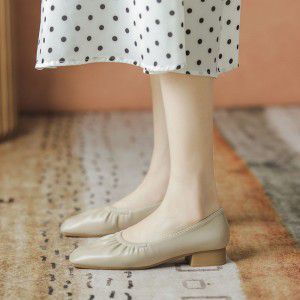 Square toe thick single order shoes for women, retro women's shoes, pleated and versatile, shallow midsole heel