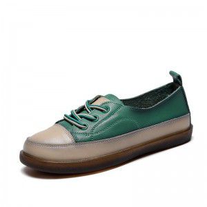New retro leather flat bottom women's shoes, soft sole color blocked casual shoes, cowhide sole single kick women's shoes