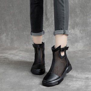 Women's casual short boots with hollowed out casual cowhide single shoes and mesh boots