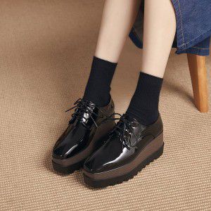 Women's thick soled square toe lace up patent leather slope shoes, casual shoes, height increasing