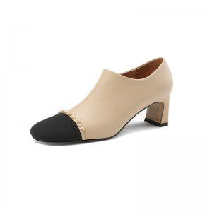 High heels, women's retro square toe fairy style single shoes, fashionable color blocked leather shoes