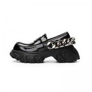 Lacquer leather women's single shoes, metal large chain round toe thick soled shoes