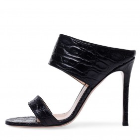 Black crocodile patterned women's high-heeled slippers with a single stripe