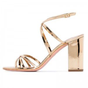 Round toe thick high-heeled banquet sandals with gold lacquer leather Strappy ankle buckle