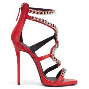 Red, white, black high-heeled sandals with bag heel and chain, sexy high-heeled shoes