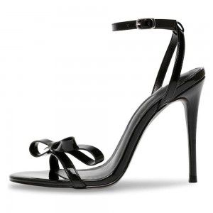 Large Stiletto High Heels Summer Bow Sandals Black Banquet Party Shoes