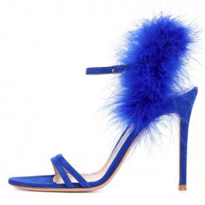 Blue and black rabbit fur party shoes, sexy high-heeled sandals