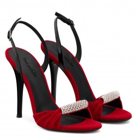 Black and red velvet rhinestone high-heeled sandals for dinner parties