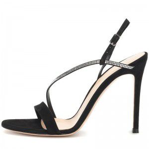 Black red suede rhinestone straight strap high-heeled buckle sandals for parties, wedding shoes, slingback