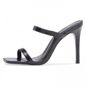 Black snake patterned PU square toe M ü ller shoes, fashionable slim high heels