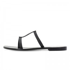 Black PU flat sandals casual beach shoes