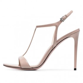 Black and white nude T-shaped flat buckle high-heeled fashionable plus size sandals