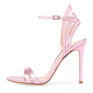 Ladies' pink high-heeled sandals in large size with pointed toes and exposed toes