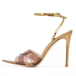 Pointed brown PVC cross strap high-heeled sandals