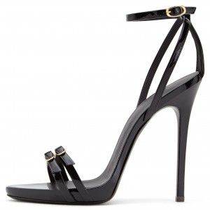 Black patent leather high-heeled sandals