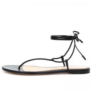 Black PU fashion flat toe sandals with ankle straps BeachSandals