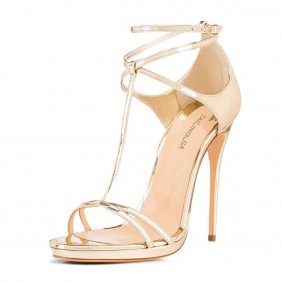 Beige black patent leather T-shaped bag with exposed toes and high heels