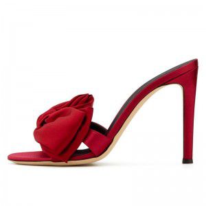 Red and Black Satin Stiletto High Heels Muller Drag Fashion Banquet Party Summer Sandals