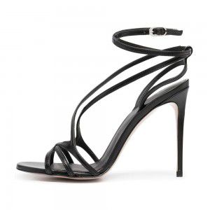 Black PU round toe high-heeled fashionable sandals for parties, Strappy sexy women's shoes