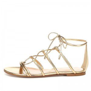 Strappy flat beach sandals with gold PU front strap