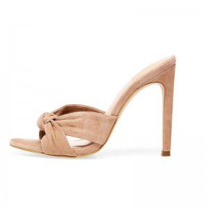 Fashionable black khaki suede knot design high heels