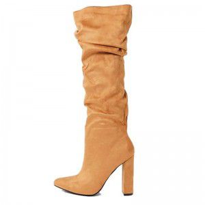 Sharp pointed, thick high-heeled winter boots, brown sheepskin boots