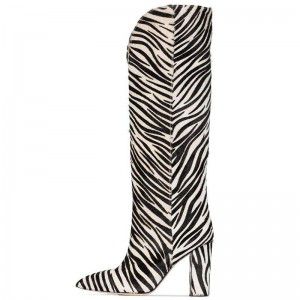 Striped horsehair, thick high heels, pointed toes, wearing knee high boots on one foot