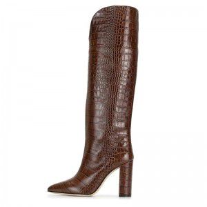 Brown imitation crocodile pattern PU toe toe high heels knee high boots new style