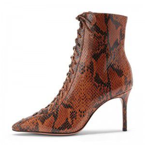 Fashionable snake patterned black PU high-heeled lace up short boots