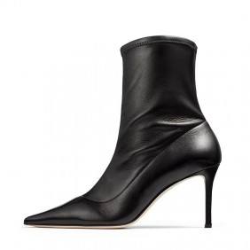 Black and white PU pointed high-heeled women's short boots