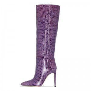 Winter New Large Pointed Stiletto High Heels Knee Boots Purple Crocodile Pattern Long Boots