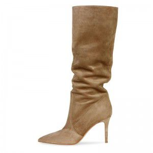 Pointed suede brown high-heeled fashionable mid calf knee high women's boots with pleats